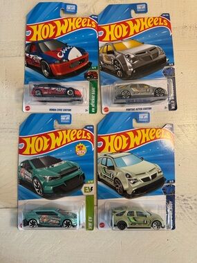 Lot of 4 Hot Wheels 2025 Honda Civic Custom,  2 Pontiac Aztek, Kia EV6 1:64 Cars